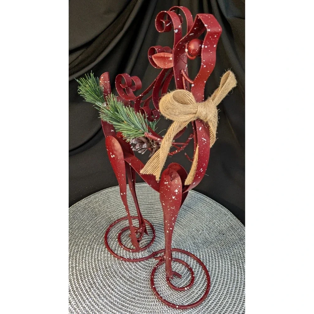 Vtg Rustic Metal Reindeer Tabletop Figurine Snow Splatter Pinecone Burlap 14